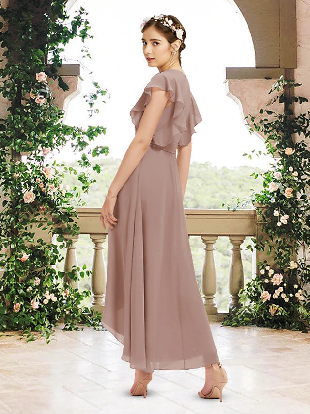 Luolandi A-Line Bridesmaid Dress V Neck Short Sleeve Elegant Asymmetrical / Ankle Length Chiffon with Sash / Ribbon